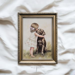 Vintage Nursery Wall Art of Little Girl Hugging Dog, Tender Child and Puppy Painting, Sweet Friendship Artwork, Neutral Baby Room Decor, Farmhouse Kids Print