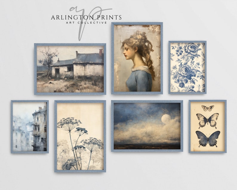 French Country Art, Wall Art Set, Vintage Floral Prints, Spring Home Decor, Indigo Blue, Muted Blue Home Decor, Butterfly Sketch, Country Florals, French Toile, Moody Wall Art Prints, Blue Moon, Antique Oil Painting, Blue Watercolor, Digital Download