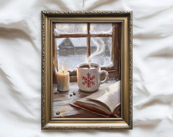 Coffee Wall Art, Frosted Winter Window | Moody Christmas Printable | Cottagecore Digital Download