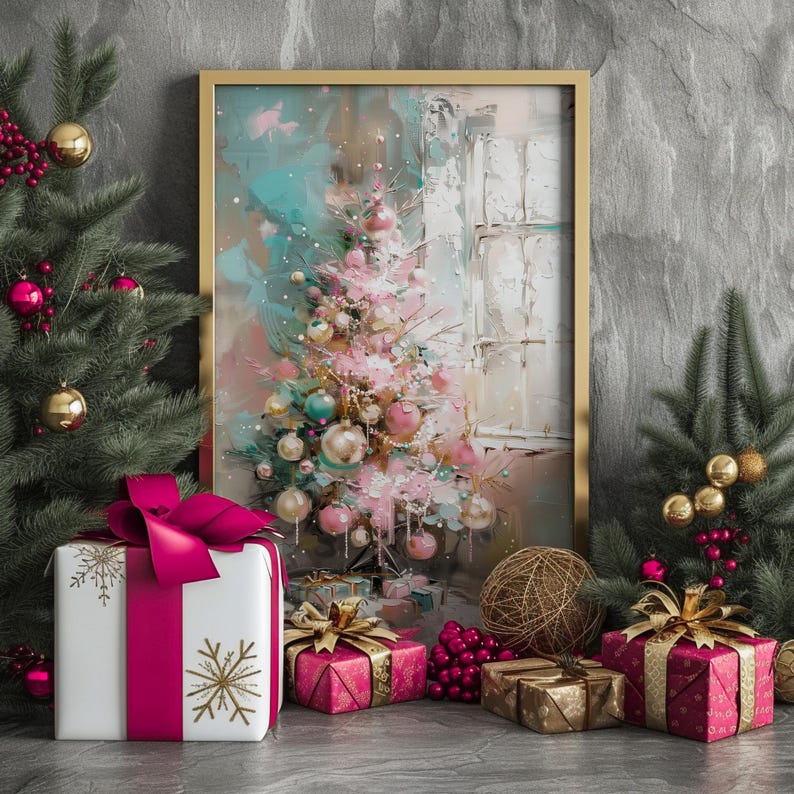 May include: A framed painting of a pink Christmas tree with gold and blue ornaments, surrounded by wrapped gifts with pink ribbons and gold snowflakes. The gifts are on a gray surface with a gold and brown ball ornament.
