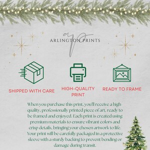 May include: A promotional image for Arlington Prints, featuring text and icons. The text includes "Shipped with Care," "High-Quality Print," and "Ready to Frame." The image also includes a Christmas tree and decorative elements.