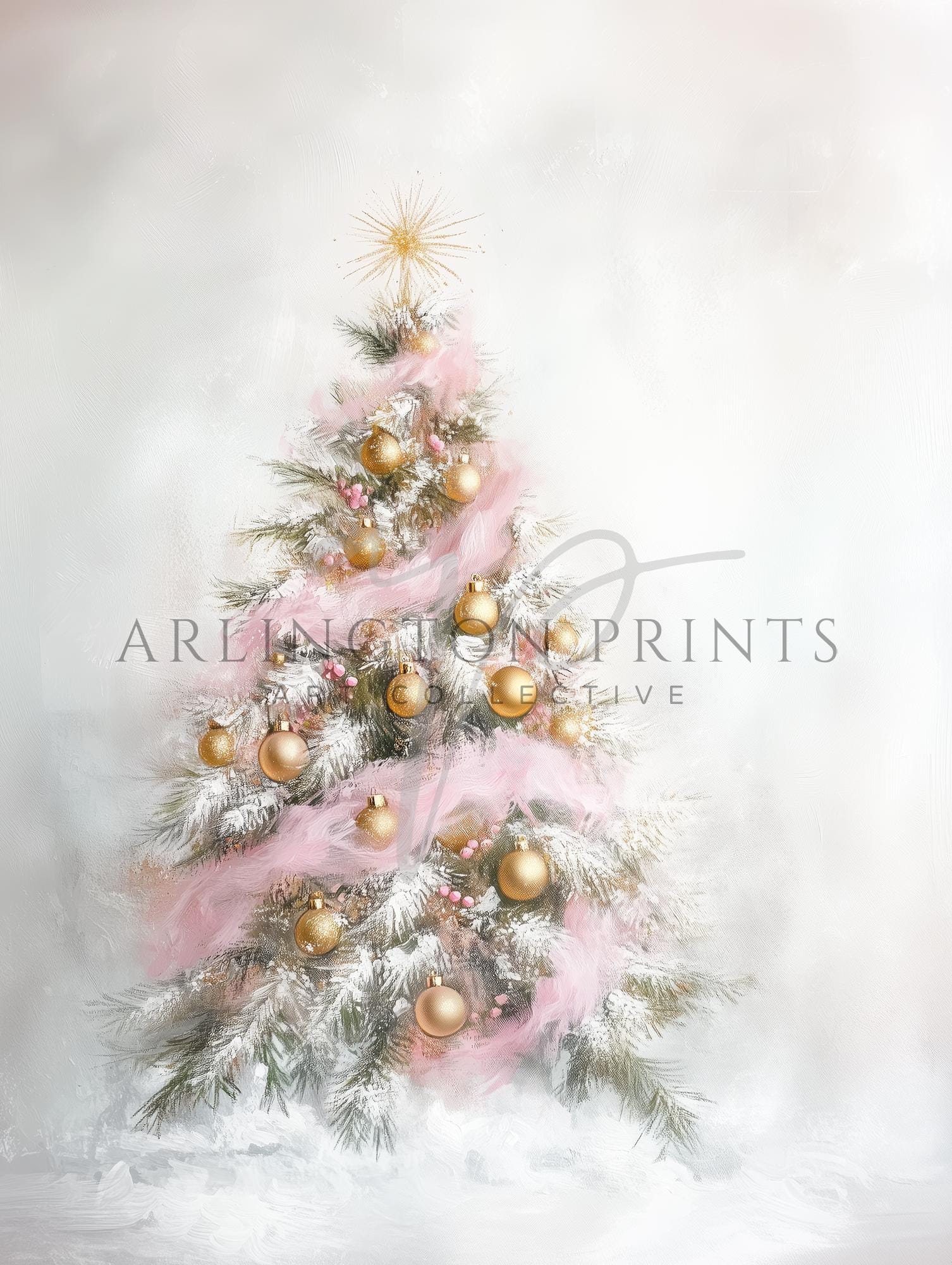 Golden Pink Christmas Tree Wall Art, Printable Winter Nursery