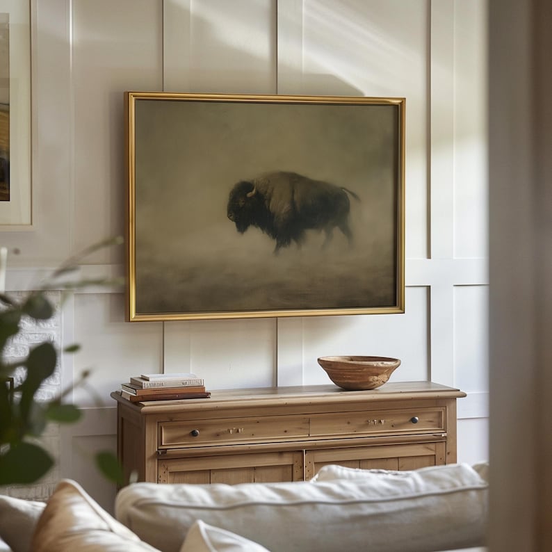 Rustic Buffalo Wall Art, PRINTABLE Vintage Bison Oil Painting, American ...