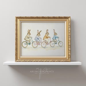 Bunnies on Bikes Drawing, Vintage Nursery Art Print, Beatrix Potter Art, Printable Neutral Nursery Decor, Children&#39;s Book Wall Art | TA65