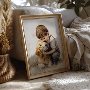 Vintage Nursery Art Print, Boy and a Dog Painting, Printable Golden Retriever Art