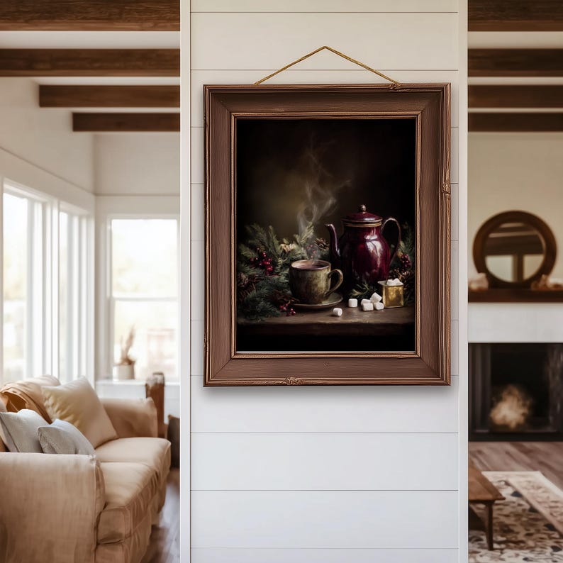 Vintage Christmas still life painting of a steaming cup of cocoa beside a red teapot, surrounded by pine, berries, and marshmallows, cozy rustic holiday kitchen art, printable winter drink wall decor, © Arlington Prints