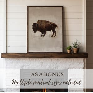 Detailed buffalo painting with muted, vintage tones and soft background. Perfect printable art for Western style homes, hunting lodges, or rustic gallery walls.