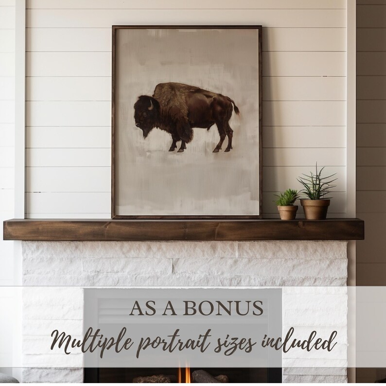 Detailed buffalo painting with muted, vintage tones and soft background. Perfect printable art for Western style homes, hunting lodges, or rustic gallery walls.