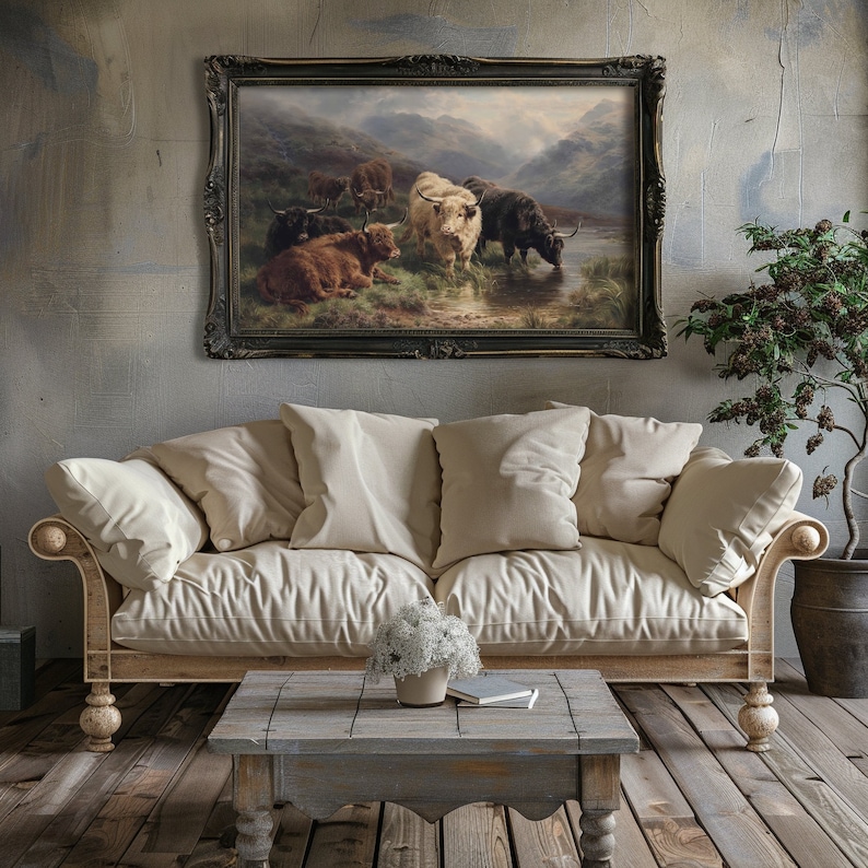Highland Cow Painting, Scotland, Highland Cow Picture, Antique Oil Painting, Rustic Art, Instant Download, 19th Century Painting, Cow Art, William R C Watson, Scottish Highlands, Cow Painting, Vintage Art Print, Antique Landscape, Digital Download