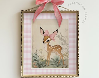 Vintage Pink Baby Deer Art Print, Fairy Tale Nursery Decor, Fawn Pink Bow Print, Girls Room Decor, Printable Coquette Kids Room Decor #711