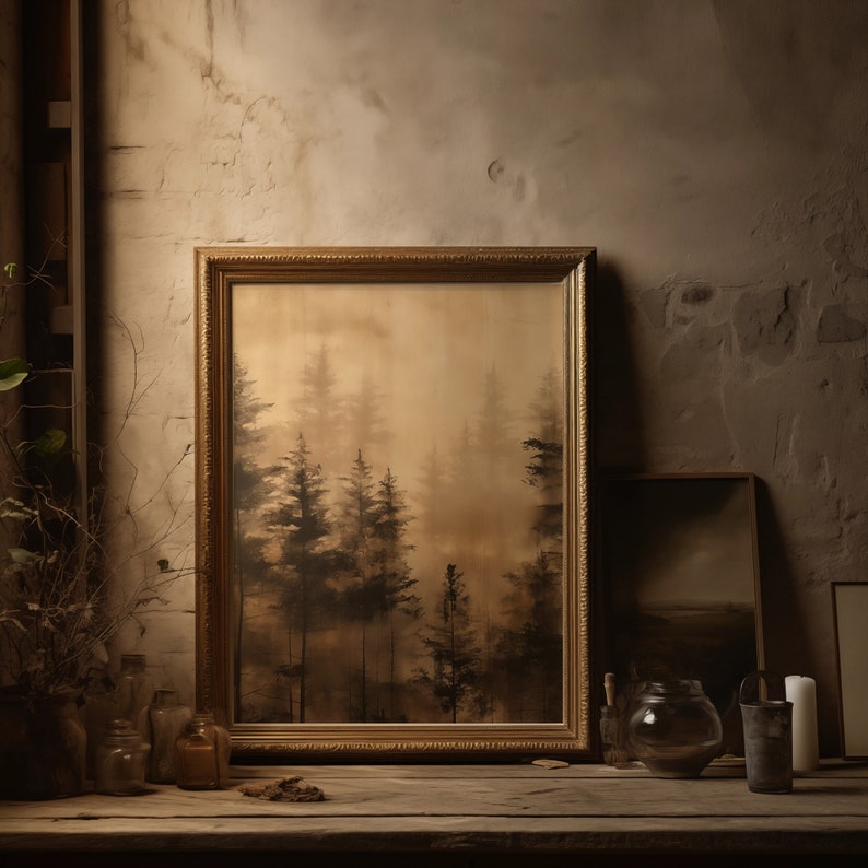 ustic wilderness-themed gallery wall featuring digital paintings of a bear by a lake, a crow on a branch, deer in misty woods, a cabin by the water, a leaping fish, and a foggy forest. Earthy tones and moody lighting create a serene, nature-inspired aesthetic perfect for lodge, cabin, or modern rustic decor.