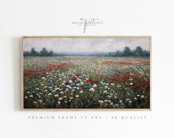 May include: A framed landscape painting depicts a field of wildflowers in red, white, and blue hues under a cloudy sky. The artwork is labeled "Arlington Prints Art Collective."