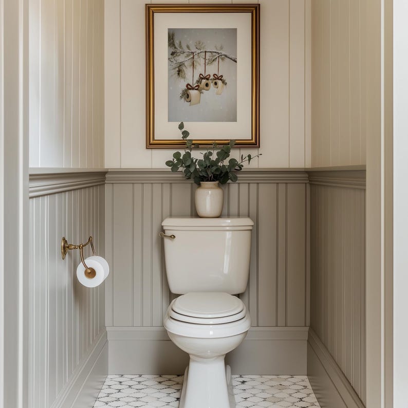 Funny Christmas bathroom print featuring toilet paper ornaments with red bows and greenery on a snowy pine branch, humorous holiday wall art digital download.