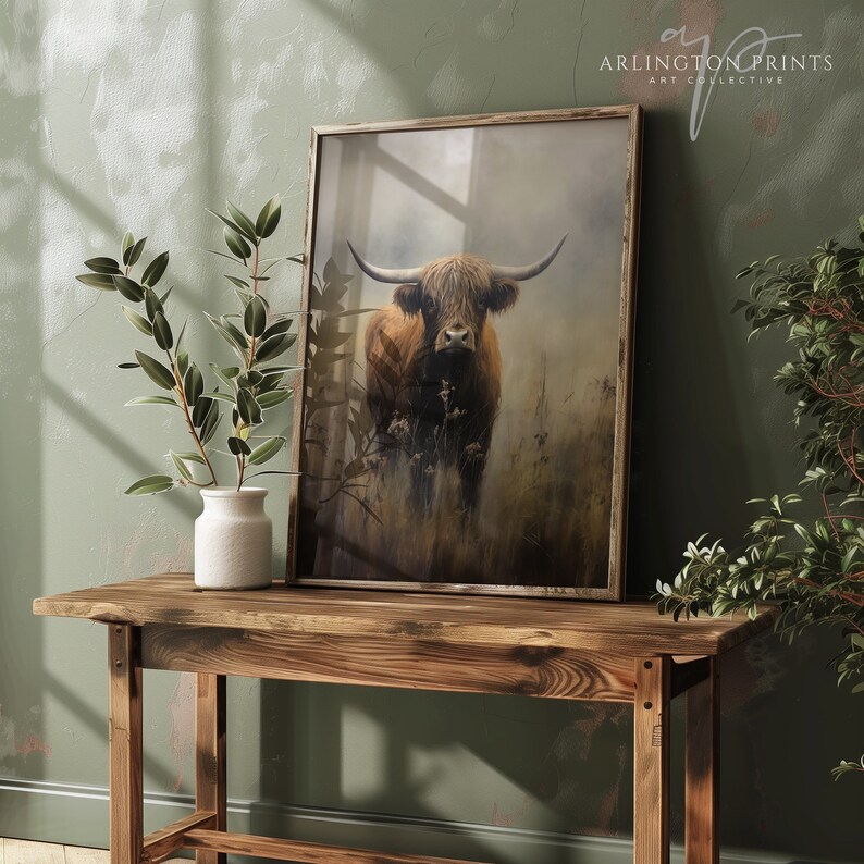 Vintage Highland Cow Print, Dark Aesthetic Art
