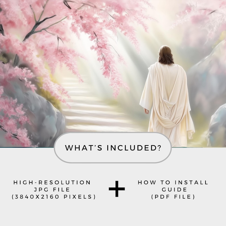 Frame TV art featuring Jesus Christ resurrected, walking up a path surrounded by glowing cherry blossom trees, in a soft pastel spring setting. Spiritual and serene Christian artwork designed for Samsung Frame TV, ideal for Easter and springtime décor.