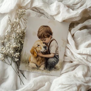 May include: A watercolor painting of a young person with brown hair hugging a golden retriever dog. The person is wearing a light brown shirt and dark pants. The dog is looking up at the person with its tongue out.
