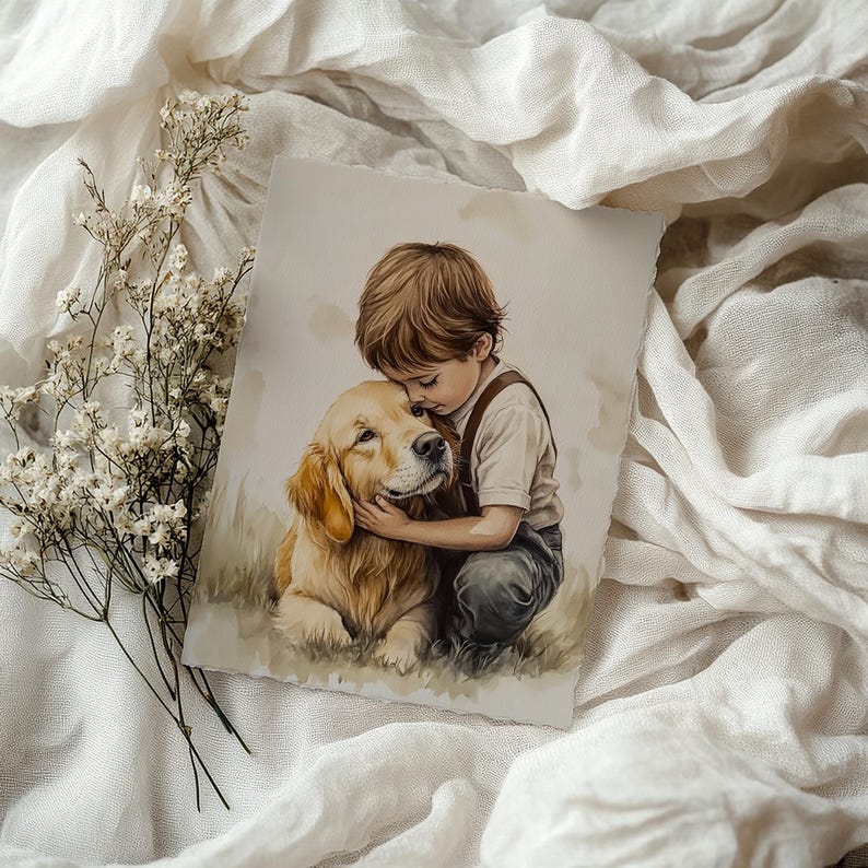 May include: A watercolor painting of a young person with brown hair hugging a golden retriever dog. The person is wearing a light brown shirt and dark pants. The dog is looking up at the person with its tongue out.
