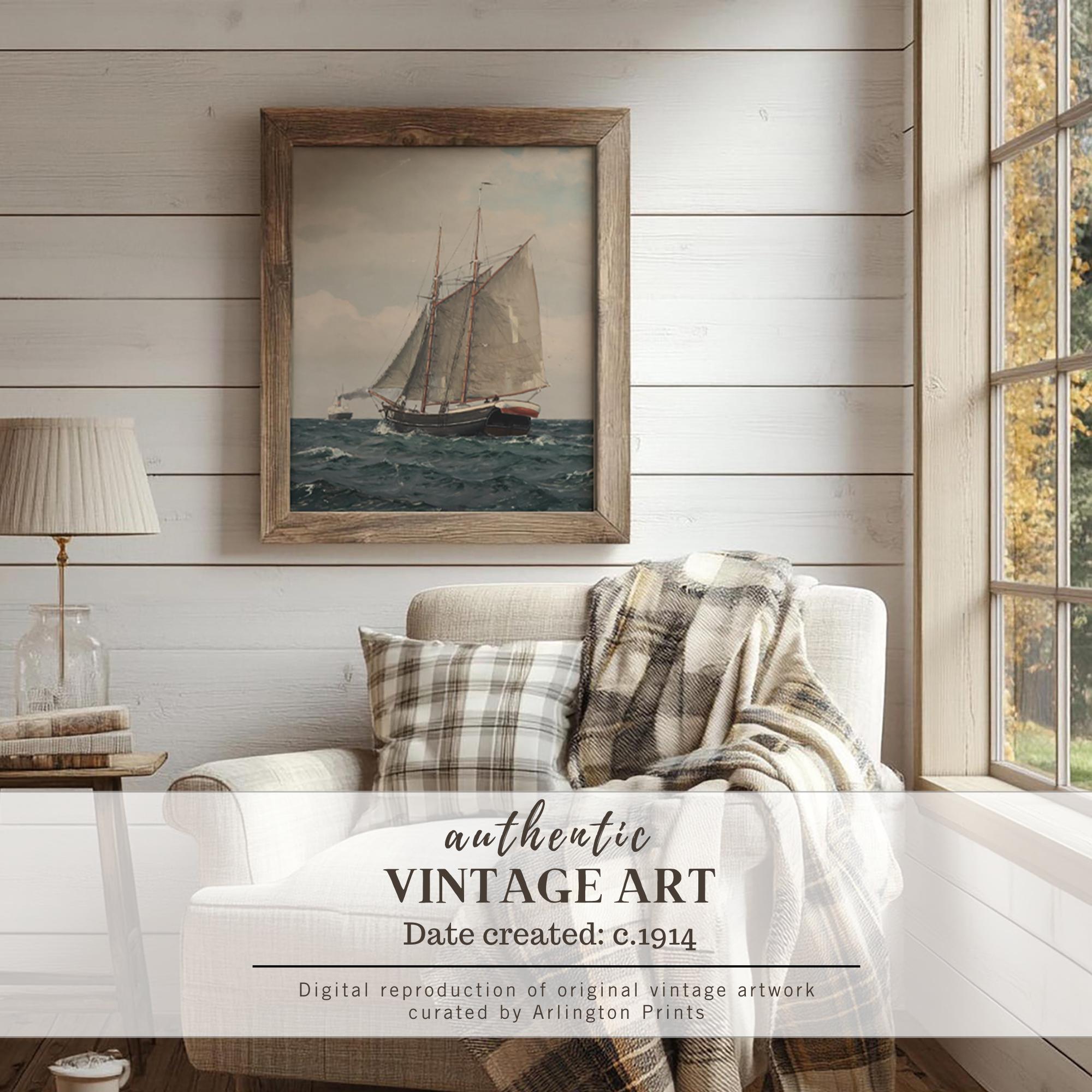 Vintage Ship Wall Art Print, Rustic Seascape Painting, Nautical Coastal ...