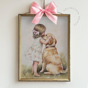 May include: A framed illustration of a young girl with a pink bow in her hair kissing a golden retriever dog. The image is set against a green grassy background.