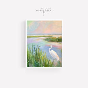 White Heron at Sunset Pastel Wall Art, Printable Egret Shore Bird, Preppy Dorm Room, Pink Summer Coastal Beach House Trendy Beach Art A103
