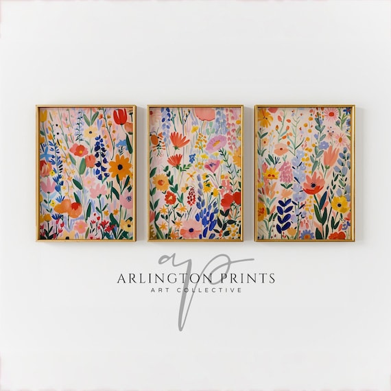 Colorful Retro Flower Prints Set of 3, Printable Matisse Style Wildflowers Wall Art, Bright Cheerful Home Decor, Vintage Style Art Prints