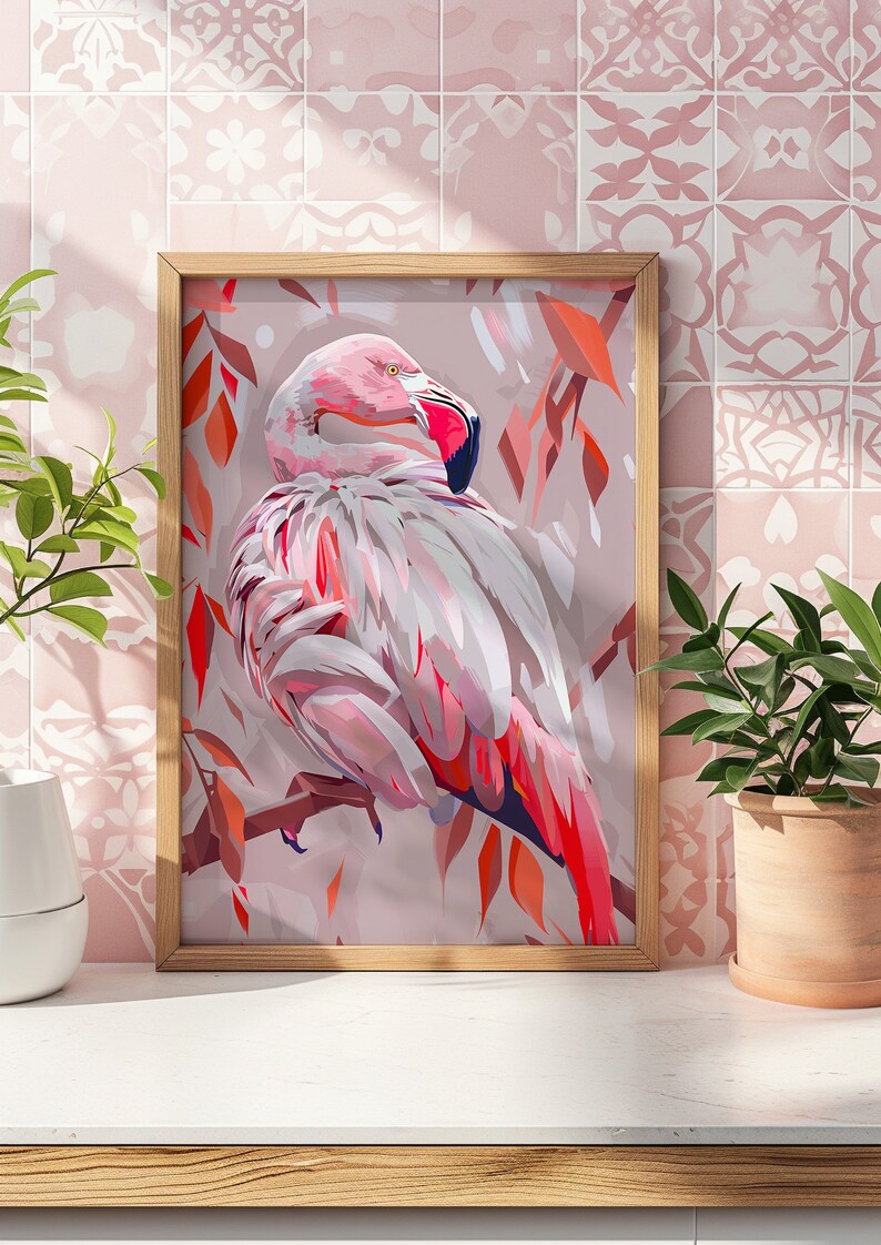 Printable Pink Flamingo Painting, Tropical Bird Wall Art, Pink