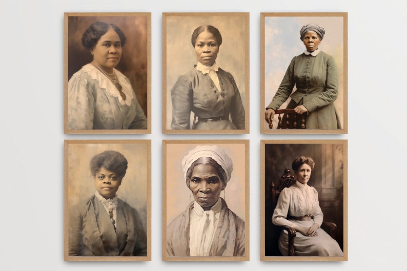 May include: Six framed portraits of historical figures, each in sepia tones. The subjects are women, dressed in period clothing. The frames are a light brown color, and the portraits are arranged in two rows of three.
