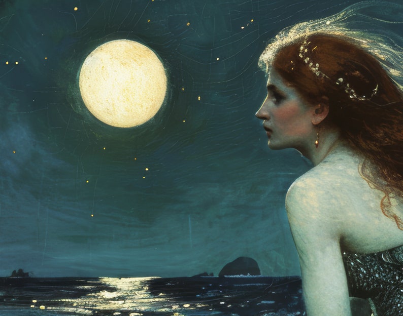 Op de afbeelding: Een vrouw met lang rood haar kijkt uit naar een volle maan boven een donkerblauwe zee. De maan is helder en geel, en de hemel is bezaaid met sterren.