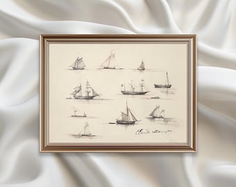 Vintage Boat Print, Antique Monet Nautical Drawing, French Country Art, Vintage Printable, Living Room Decor, Black and White, Claude Monet