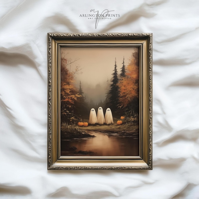 Set of 4 cute Halloween ghost art prints, vintage spooky fall wall decor, rustic autumn printable artwork, cottagecore Halloween home decoration