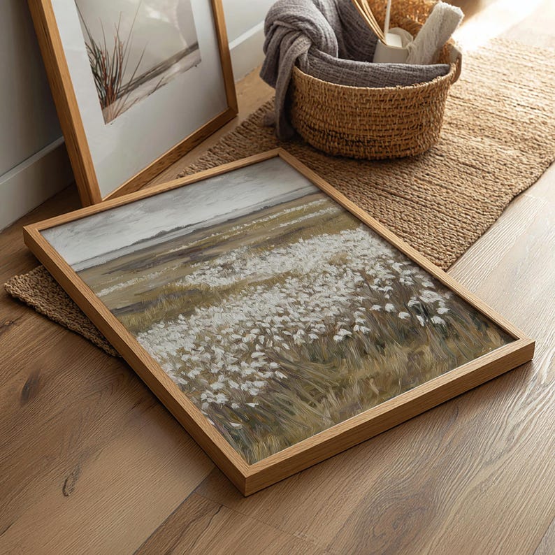 Neutral spring wildflower meadow wall art featuring white floral field landscape in soft beige and cream tones, minimalist nature printable decor