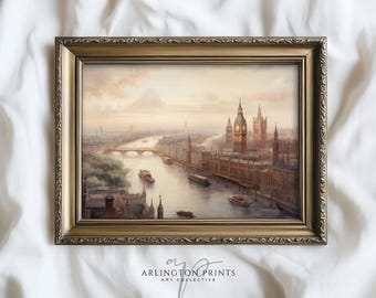 Antique Painting, Old London, England, Oil Painting Print, Digital Download, Muted Home Office Decor, Architecture, European Landscape Print