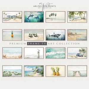 Puede incluir: Una colección de 12 pinturas de acuarela enmarcadas que representan diversas escenas de playa, incluyendo palmeras, olas del océano, conchas marinas, un tiburón, una piña y un coche antiguo. Las pinturas están todas en una paleta de colores azul claro y verde y tienen un aspecto rústico y vintage. El texto "PREMIUM FRAME TV ART COLLECTION" está impreso debajo de las pinturas.