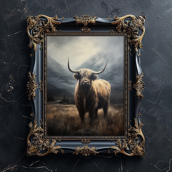 Antique Highland Cow | Printable Dark Aesthetic Art | Moody Cow Art | Dark Academia | Cabin Decor | Antique Oil Painting | Digital Download