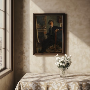 May include: A framed oil painting of a man in a dark suit sitting in a chair. The painting is set against a light beige wall with a white tablecloth and a vase of white flowers in front of it.