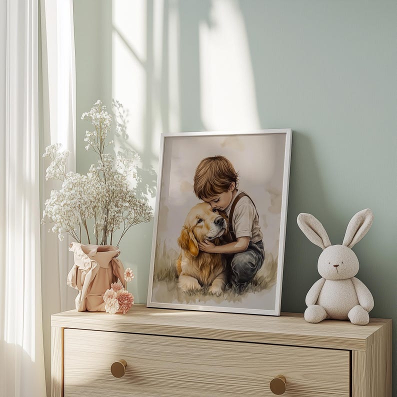 Vintage Nursery Art Print, Boy and a Dog Painting, Printable Golden Retriever Art