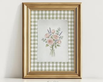 Bouquet floreale vintage stampabile, decorazione murale con rose in stile cottagecore, decorazioni in stile fattoria con quadretti verdi, download di arte botanica delicata 90-521