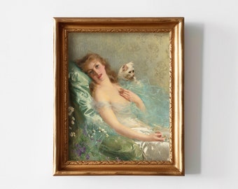 Cat Art, Woman With A Cat, Romantic Art, Instant Download, 19th Century, Green Oil Painting Print, Wall Art, Bedroom Painting, Vintage Print