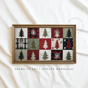 May include: A framed artwork with a patchwork design of Christmas trees and snowflakes. The squares alternate between red, green, and black plaid patterns. The text "FRAME TV ART | INSTANT DOWNLOAD" is at the bottom.