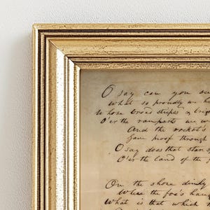 Vintage artwork of the Star-Spangled Banner in Francis Scott Key’s original 1814 handwriting, perfect for 4th of July and patriotic home decor.