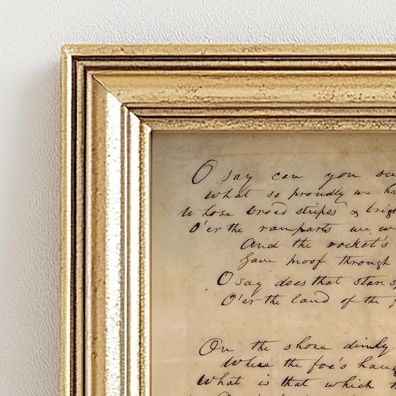 Vintage artwork of the Star-Spangled Banner in Francis Scott Key’s original 1814 handwriting, perfect for 4th of July and patriotic home decor.