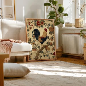 Vintage-style digital art of a colorful rooster perched on a branch surrounded by rustic floral illustrations, ideal for farmhouse kitchen decor.