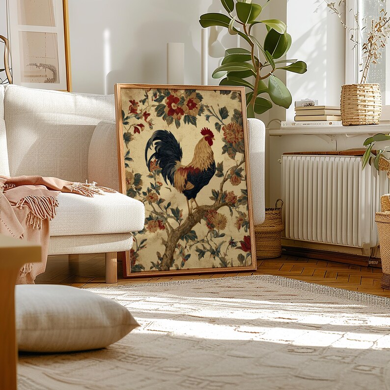 Vintage-style digital art of a colorful rooster perched on a branch surrounded by rustic floral illustrations, ideal for farmhouse kitchen decor.