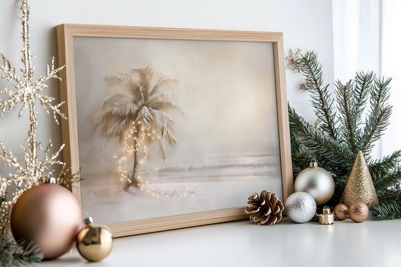 Vintage Christmas Palm Tree Painting, Winter Beach Cottage, Printable