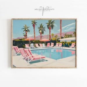 Retro Palm Springs Pool Print | Swimming Pool Painting | Pink Preppy Room Decor DIGITAL Download | Pink Aesthetic Art A09