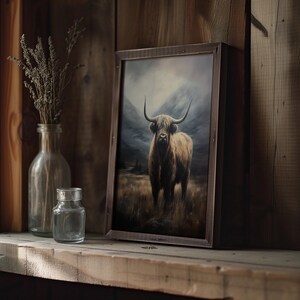 Antique Highland Cow, Printable Dark Aesthetic Art