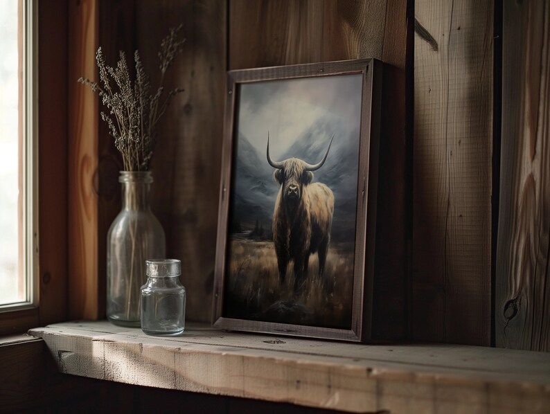 Antique Highland Cow, Printable Dark Aesthetic Art