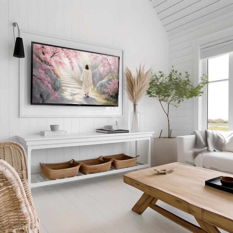 Frame TV art featuring Jesus Christ resurrected, walking up a path surrounded by glowing cherry blossom trees, in a soft pastel spring setting. Spiritual and serene Christian artwork designed for Samsung Frame TV, ideal for Easter and springtime décor.