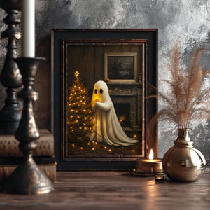 Christmas Halloween Art, Cute Ghost, Christmas Tree, Digital Download, Cottagecore, Haunted House Painting, Cute Sheet Ghost, Home Decor, Christmas Decorations, Ghost Decorating the Tree, Adorable Winter Wall Art, Rustic Cottage Print, Vintage Vibes