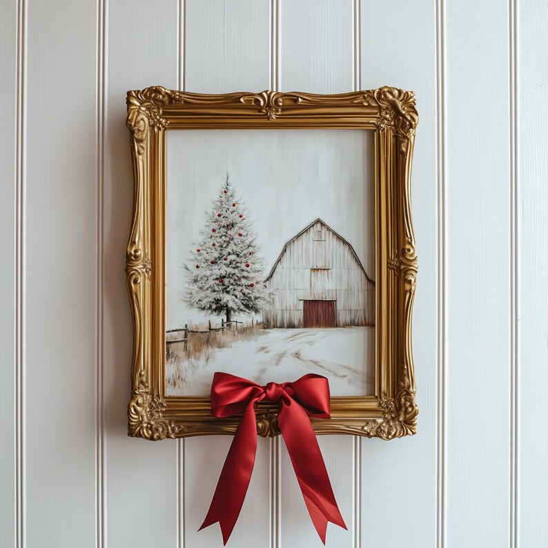 Rustic White Christmas Barn Painting, PRINTABLE Winter Wall Art ...